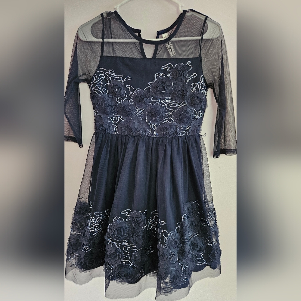 Knitworks Navy Mesh Floral Embroidered Party Dress